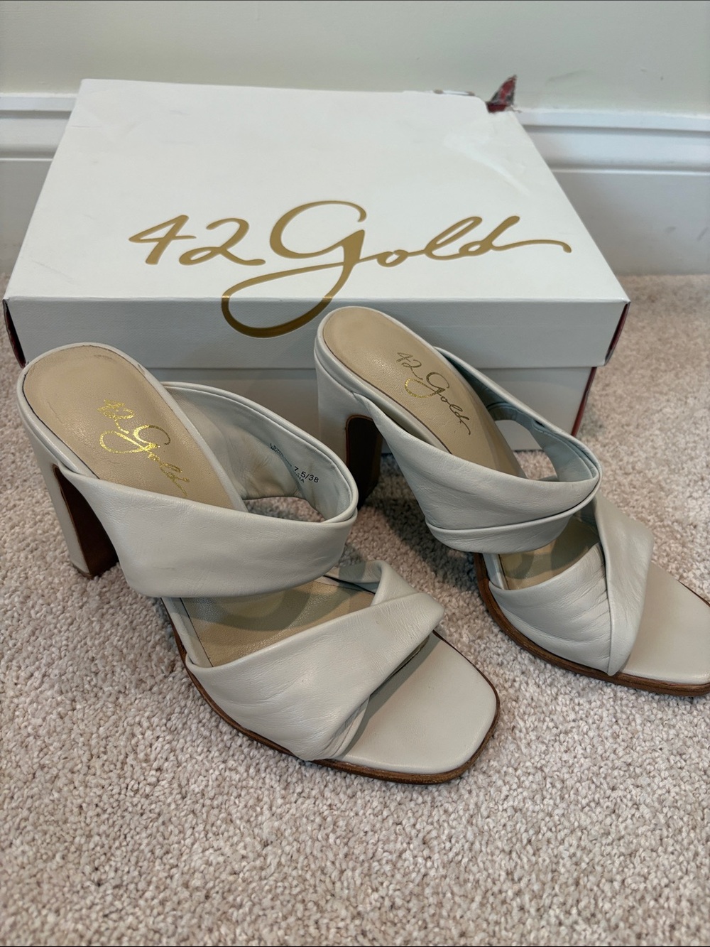 42 GOLD Cream Leather Crossover Slide Heels